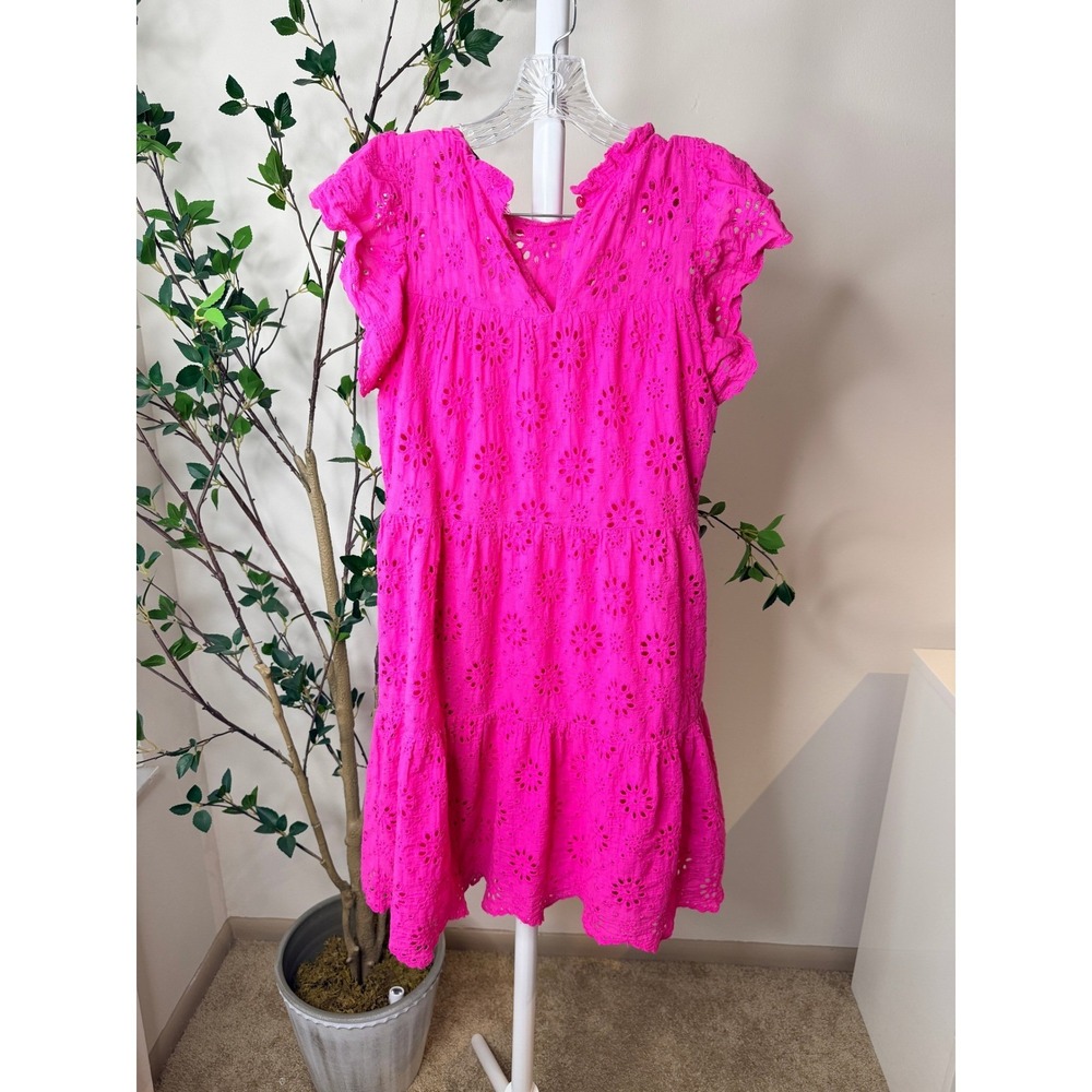 Ryan Michelle Hot Pink Eyelet Lace Mini Dress Cotton Ruffle Tiered Boho M - Picture 8 of 8